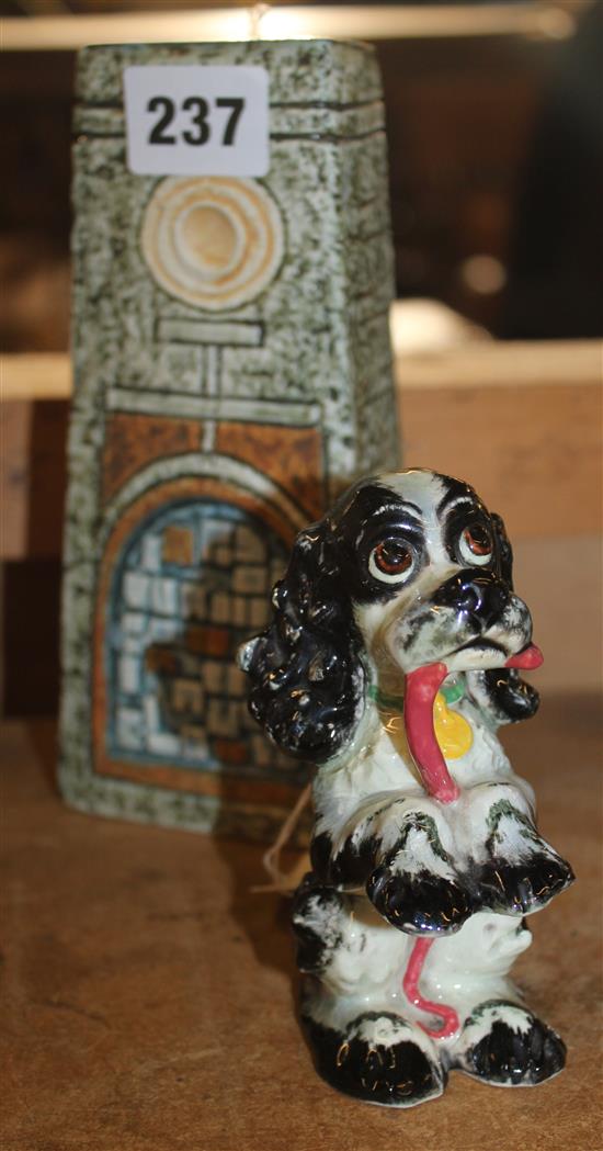 Troika coffin vase, mottled green ground, incised decoration, AN monogram & a Goebel begging Cocker Spaniel